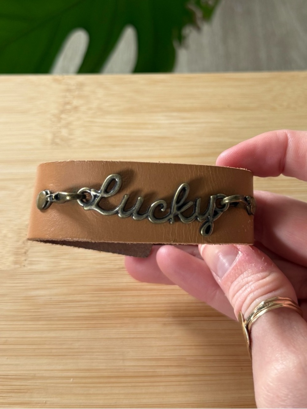 Brown Leather “Lucky” Bracelet – Adjustable Cuff Boho Minimalist